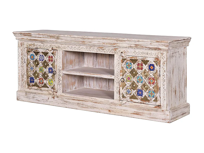 Meuble tv en bois de manguier avec détails en céramique