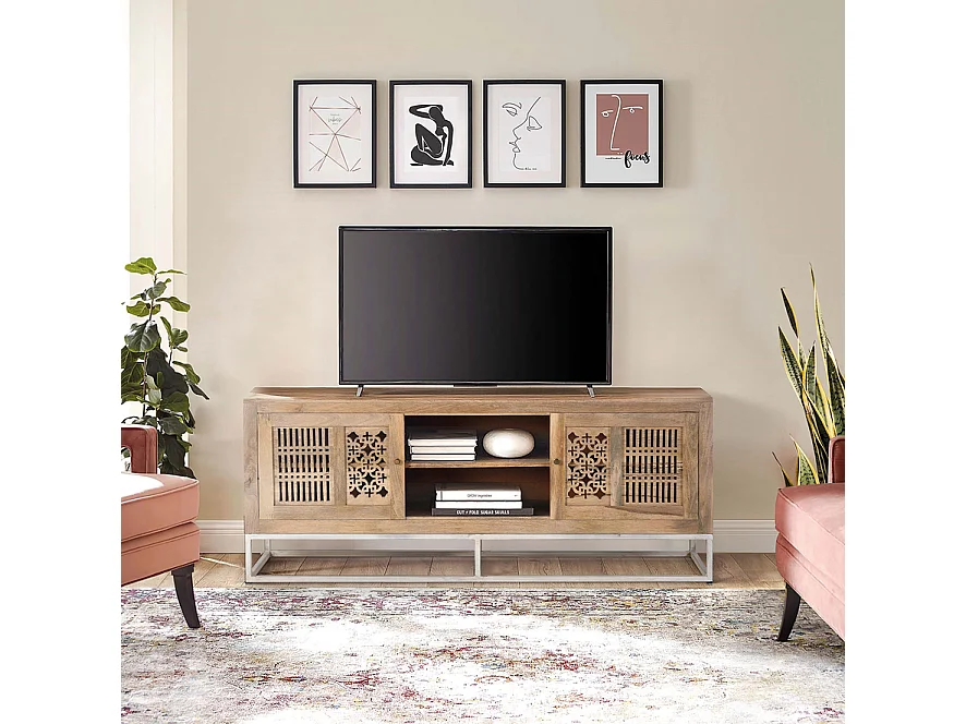 Mueble TV en madera de mango y patas de metal color natural Marrón.Giner y Colomer 65x40x160