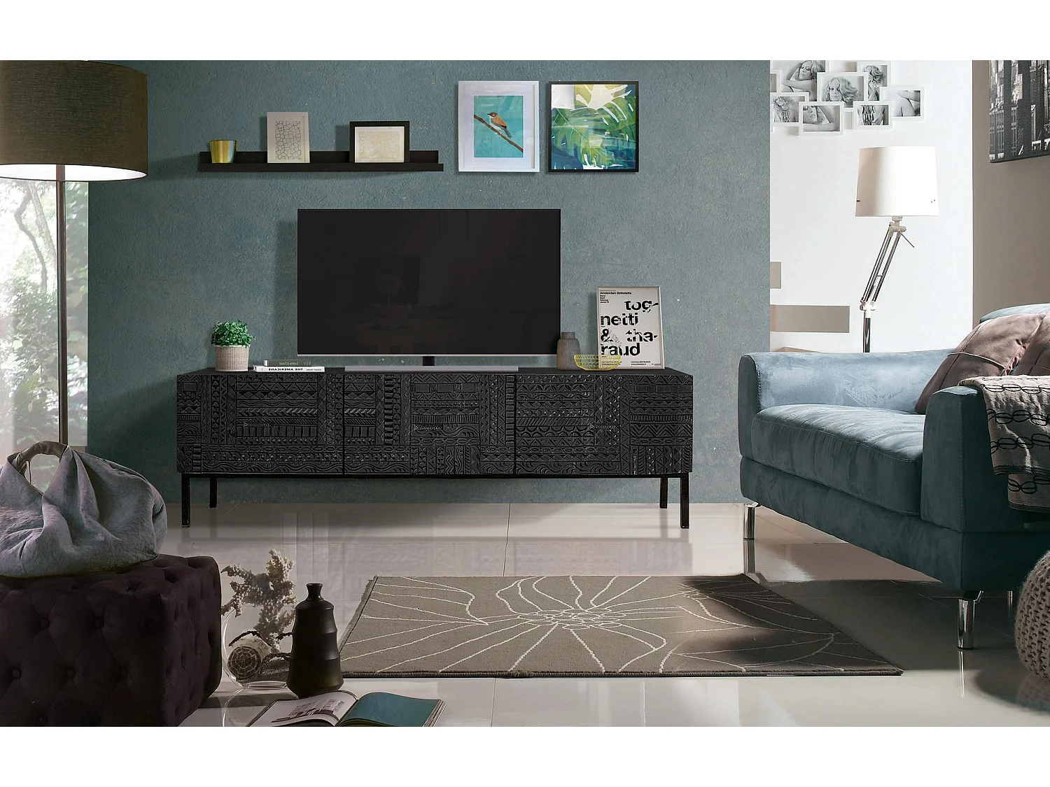 Meuble TV en bois de manguier et pieds en métal