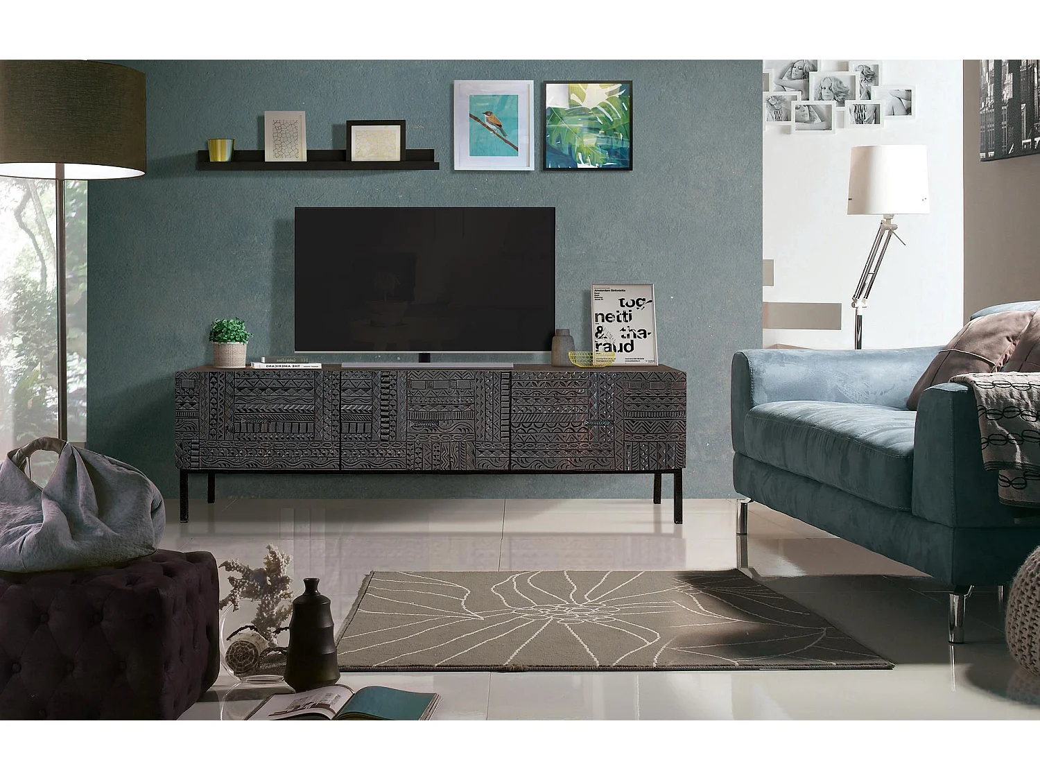 Meuble TV en bois de manguier et pieds en métal