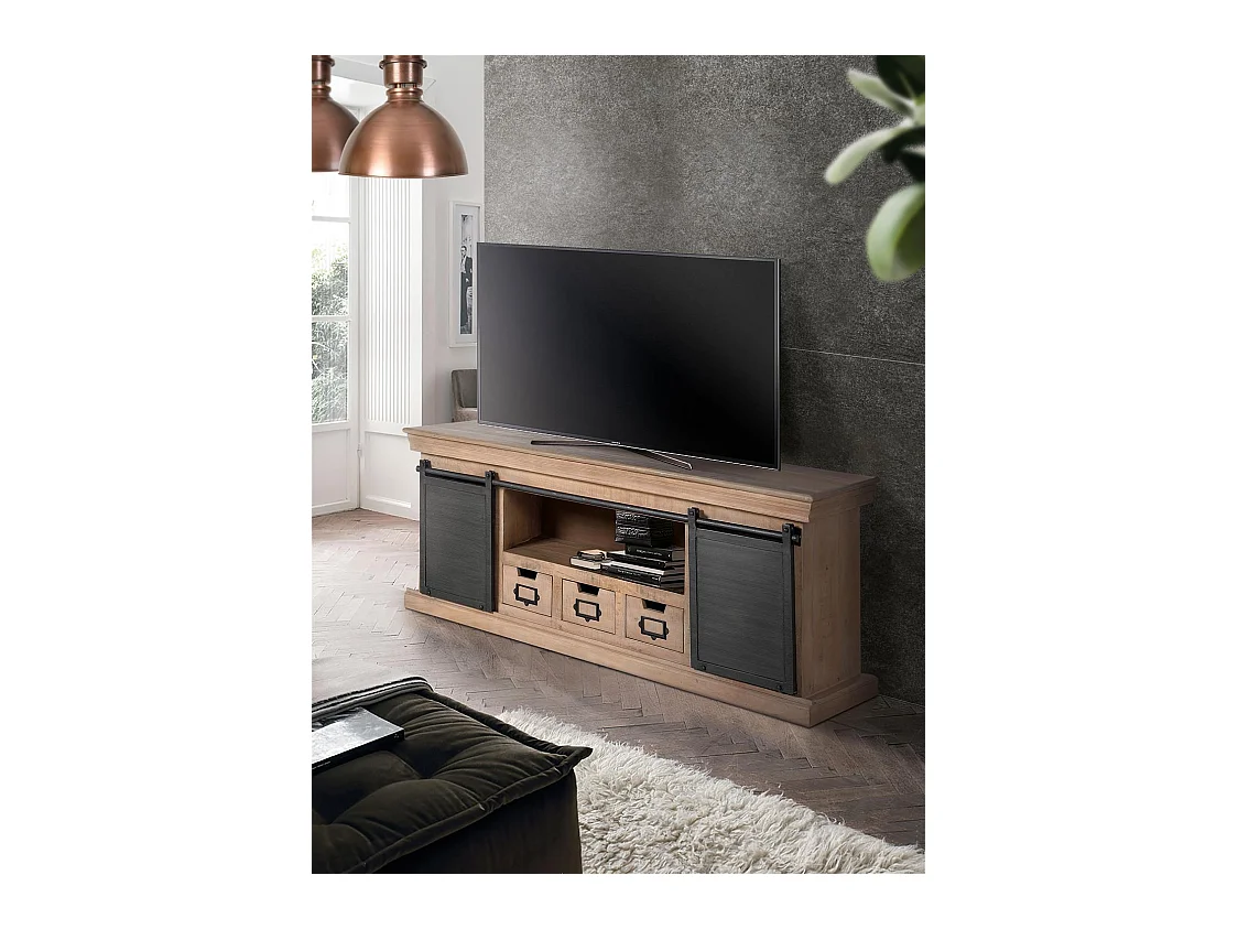 Meuble TV en manguier et pieds en métal naturel et gris