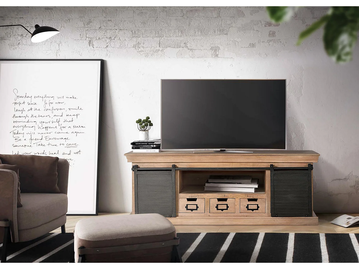 Meuble TV en manguier et pieds en métal naturel et gris