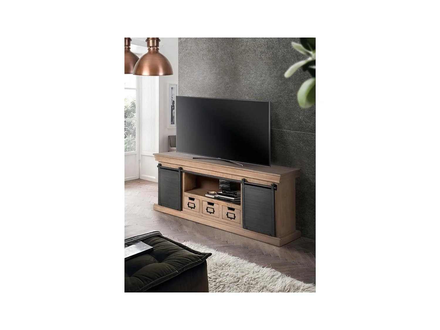 Meuble TV en manguier et pieds en métal naturel et gris