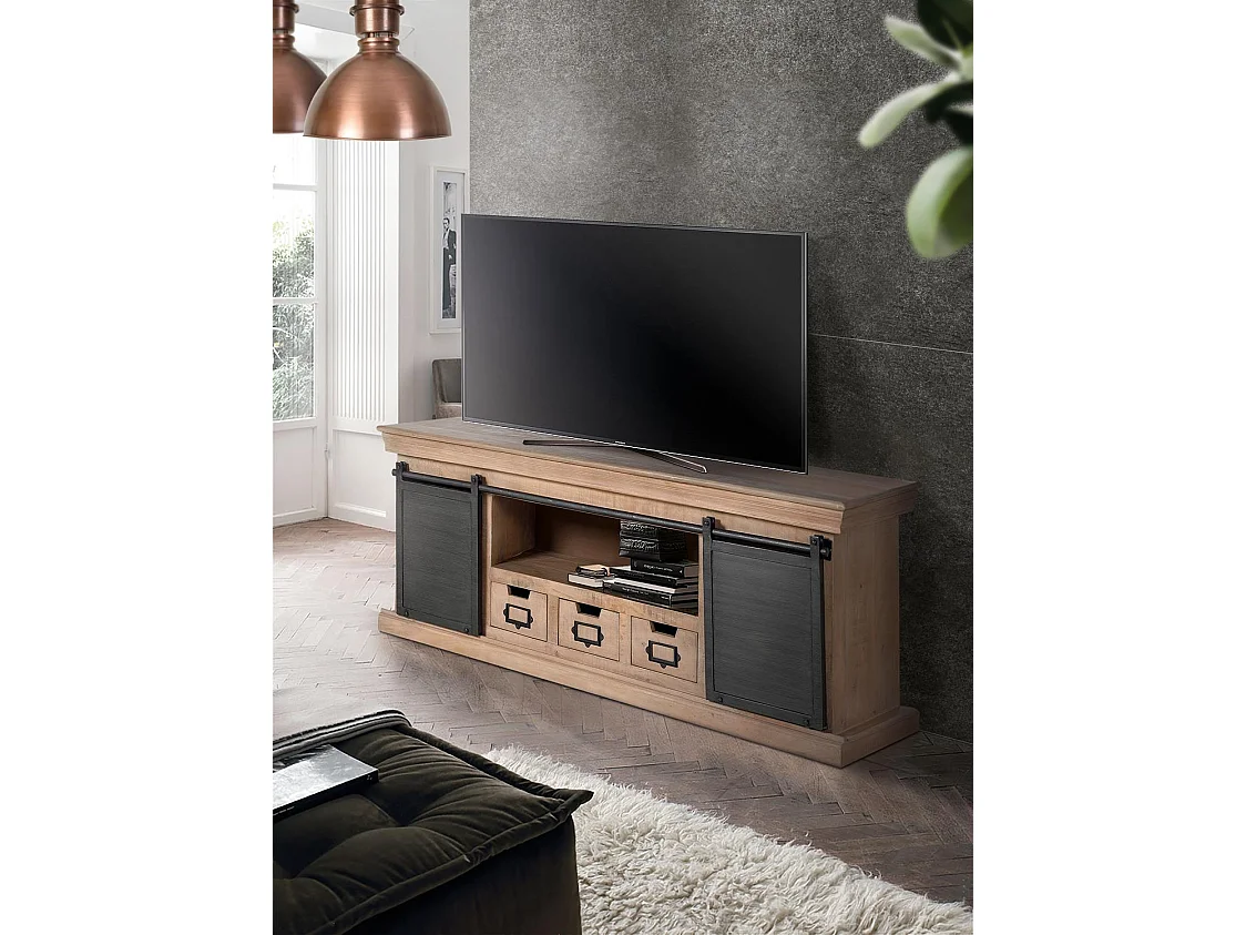 Meuble TV en manguier et pieds en métal naturel et gris