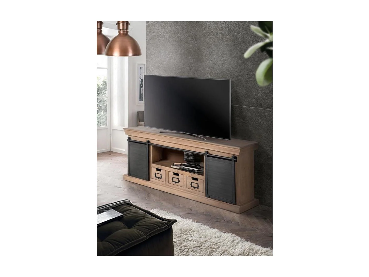 Meuble TV en manguier et pieds en métal naturel et gris