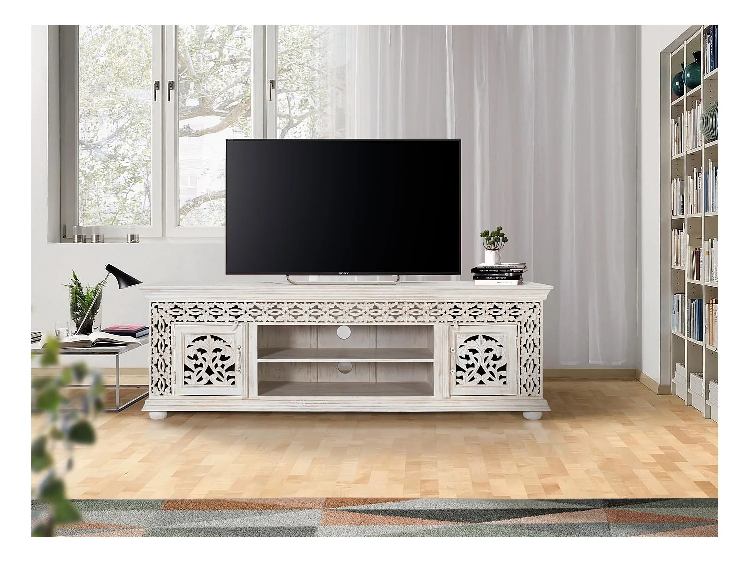 Meuble TV en bois manguier blanc vieilli