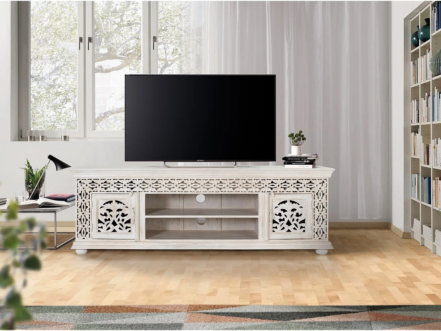 TV-Ständer aus Mangoholz, 180 cm, klassischer Stil, handgefertigt – 60 x 180 x 40 cm