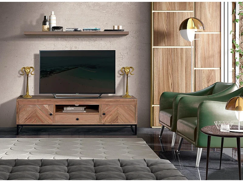 Móvel TV em madeira de acácia e pés em metal natural Marrón.Giner y Colomer.50x40x160