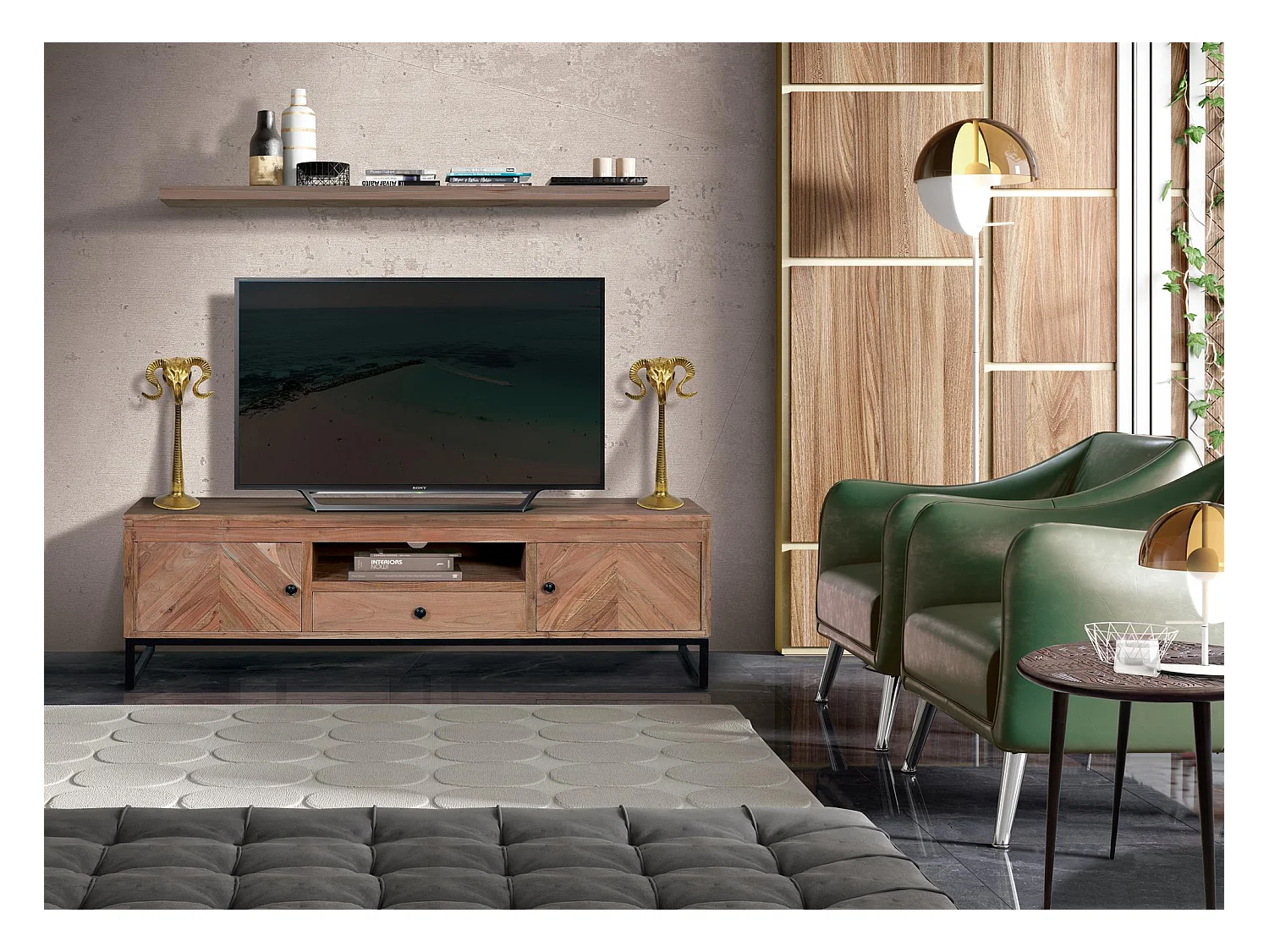 Meuble TV en bois d'acacia et pieds en métal
