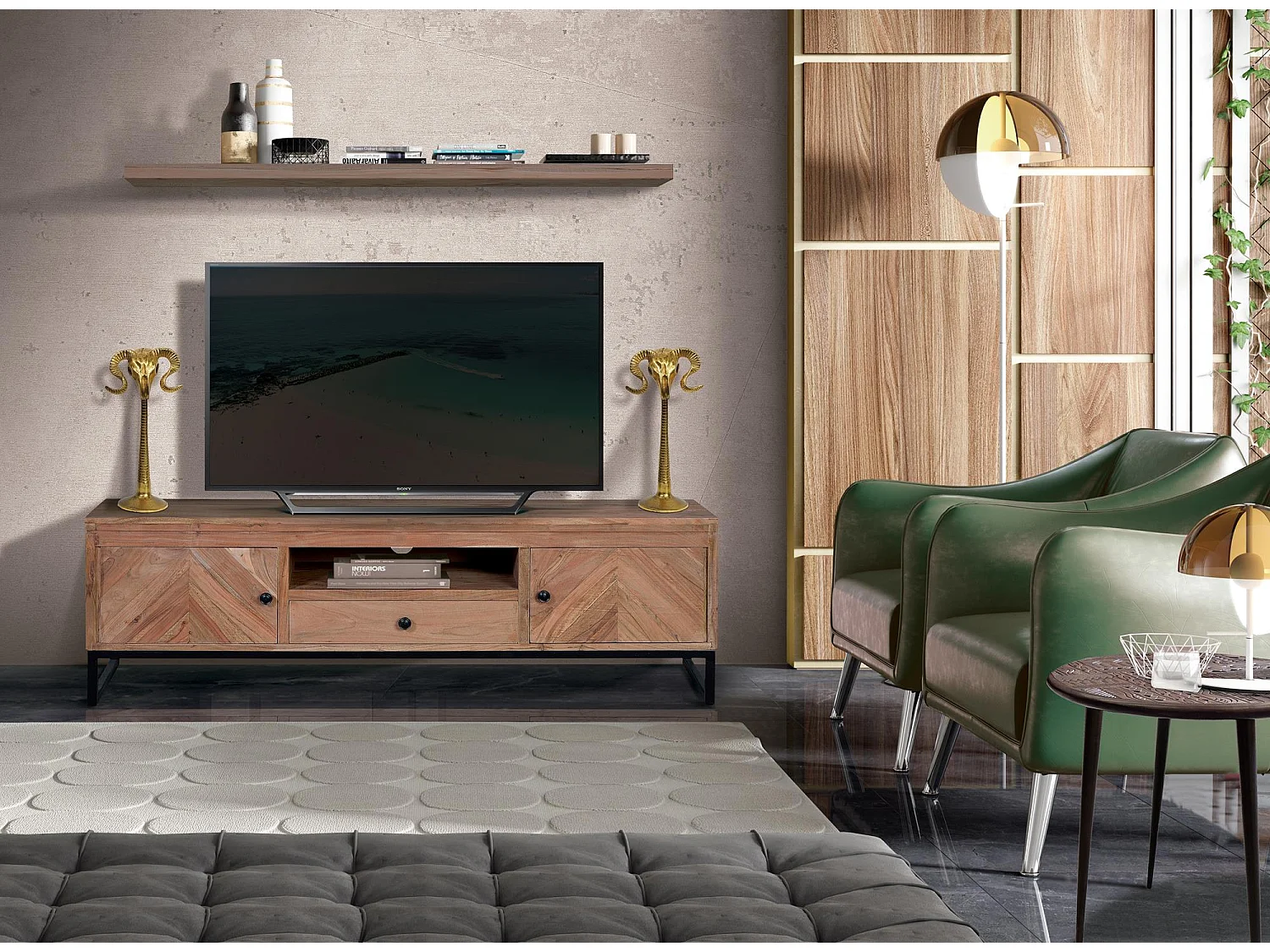 Meuble TV en bois d'acacia et pieds en métal