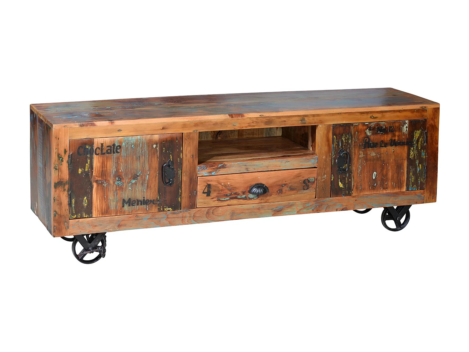 Meuble TV exclusif en bois recyclé multicolore