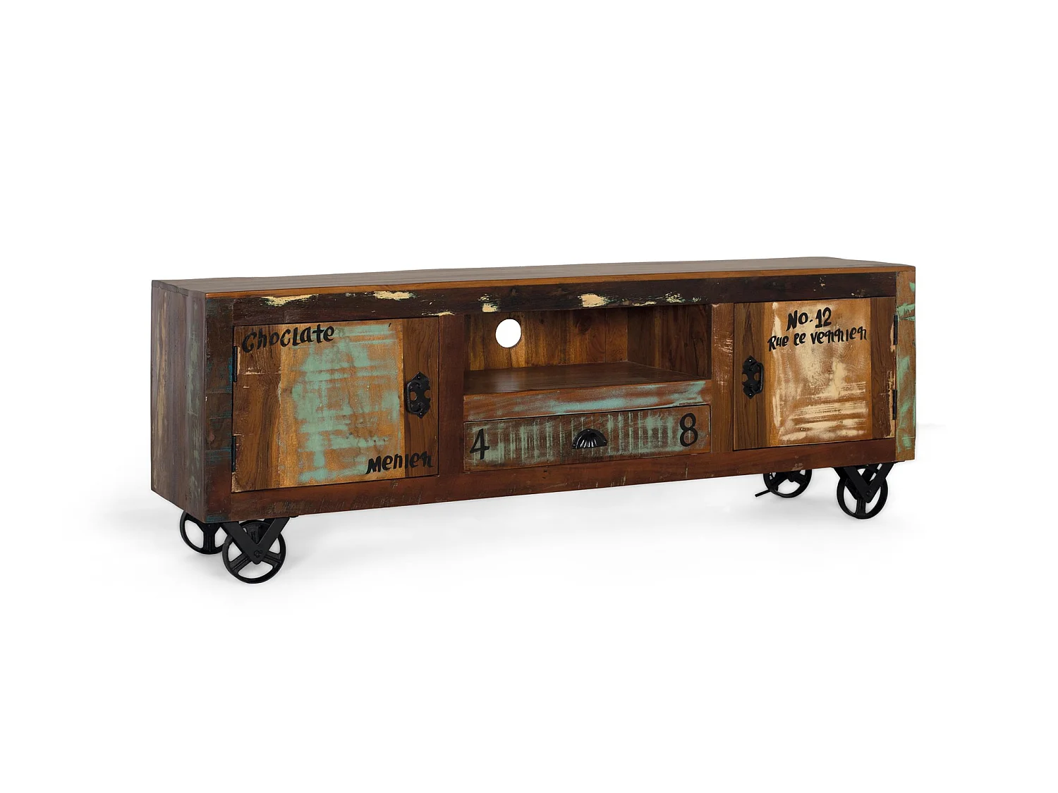 Meuble TV en bois recyclé 160 cm, style vintage moderne - 55 x 160 x 40 cm