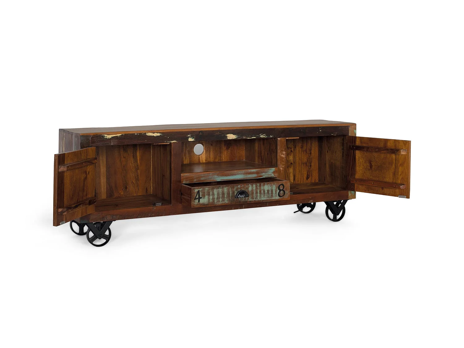 Meuble TV en bois recyclé 160 cm, style vintage moderne - 55 x 160 x 40 cm