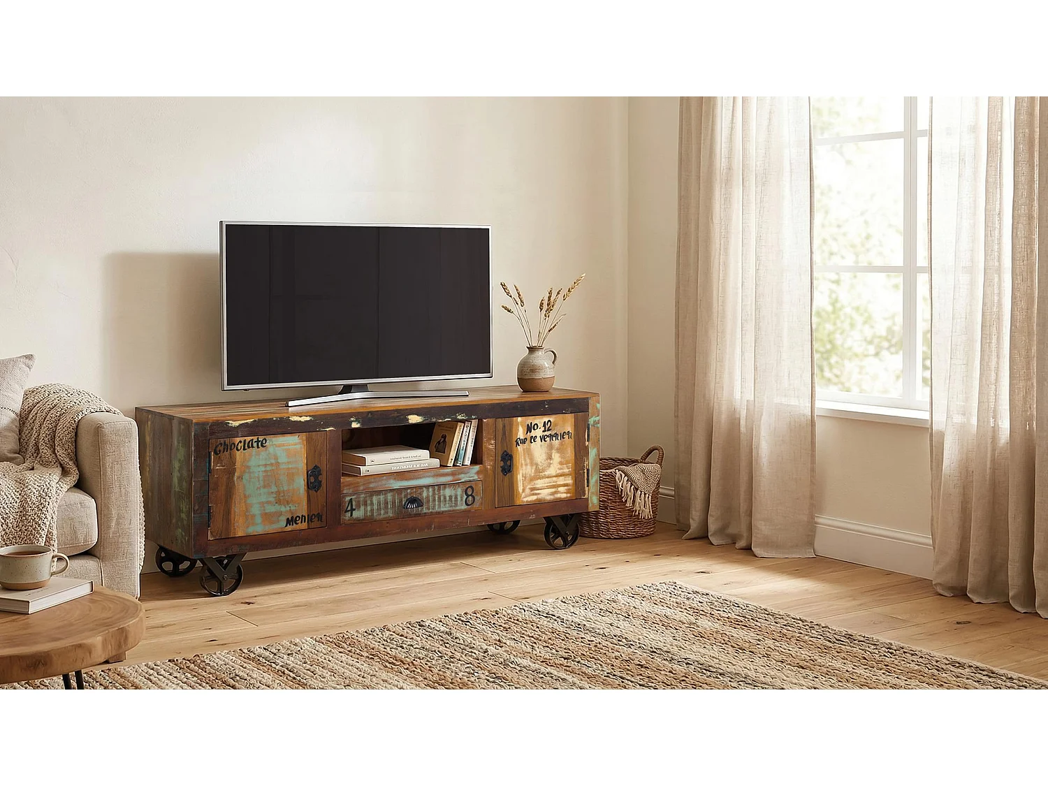 Meuble TV en bois recyclé 160 cm, style vintage moderne - 55 x 160 x 40 cm