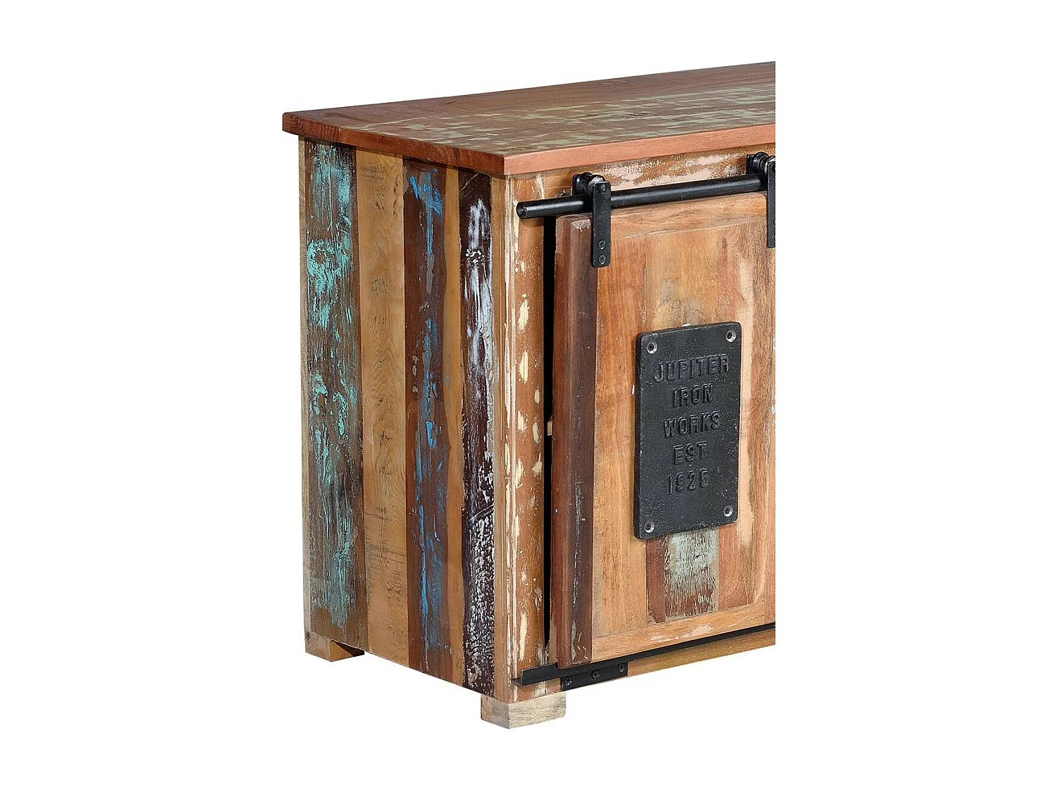 Szafka pod TV wykonana z wielokolorowego drewna pochodzącego z recyklingu