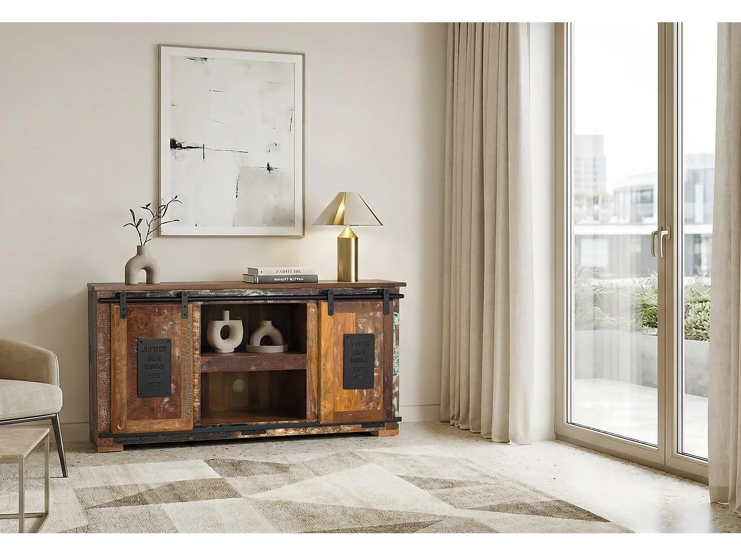 Meuble TV en bois recyclé 130 cm, style industriel vintage - 62 x 130 x 40 cm
