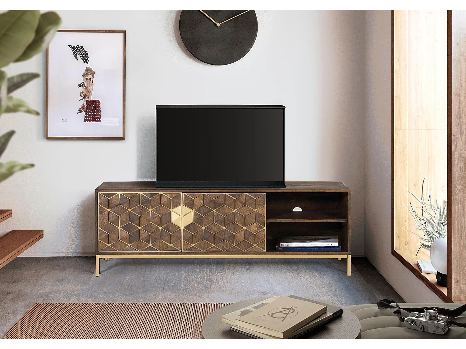 Meuble TV en bois manguier noyer et métal doré