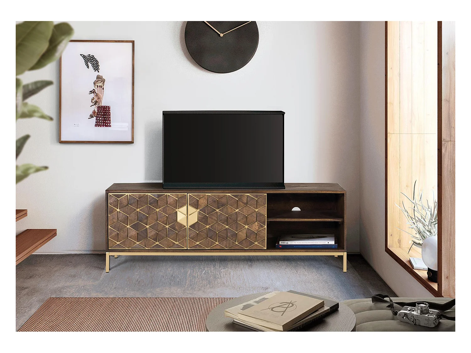 Meuble TV en bois manguier noyer et métal doré