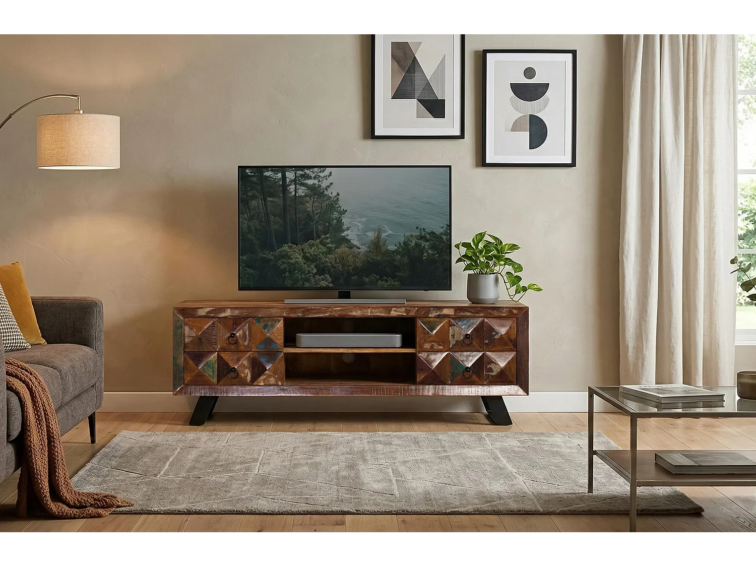Meuble TV en bois recyclé 150 cm, style industriel moderne - 55 x 155 x 40 cm