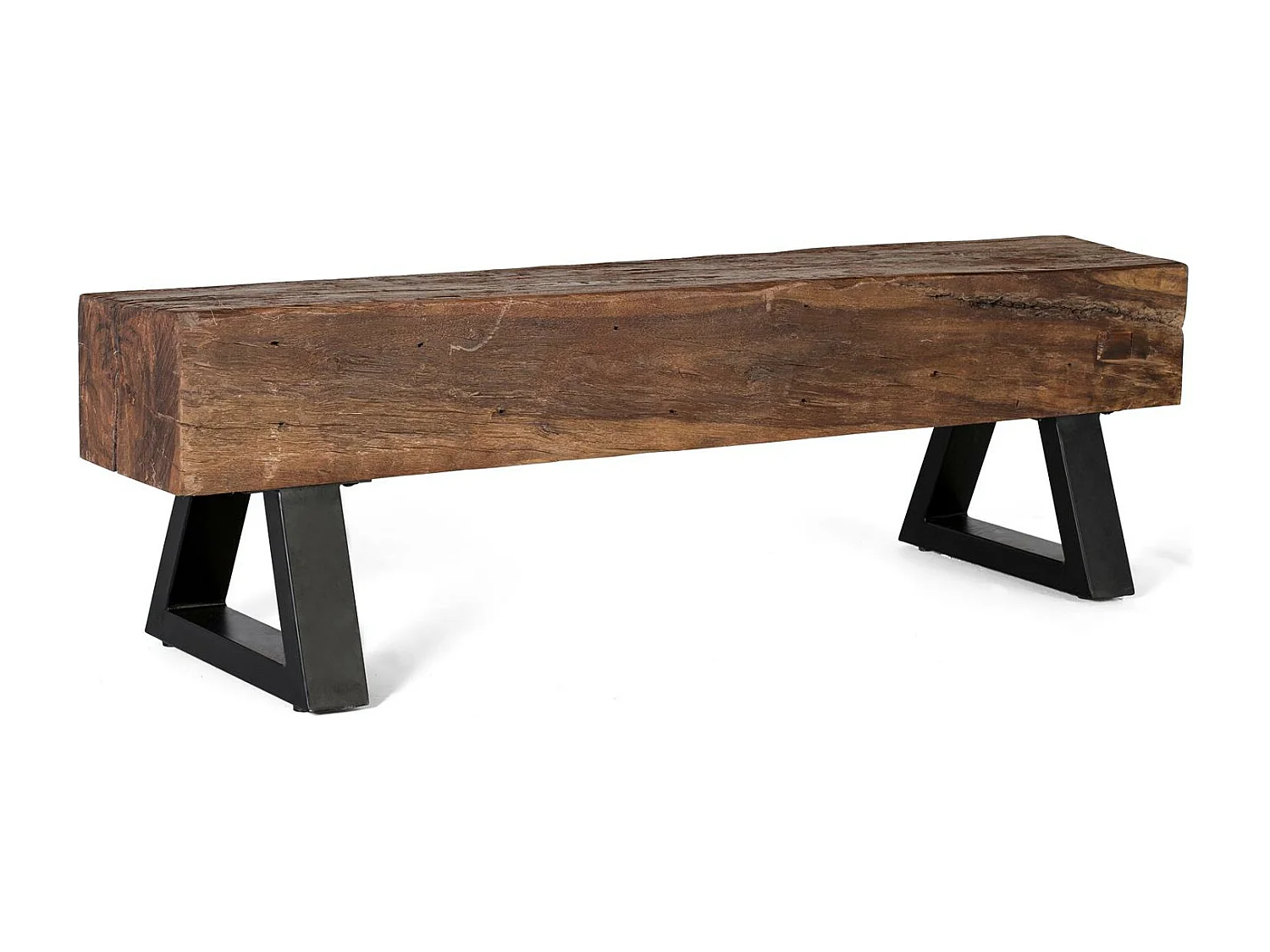 Banco artesanal com madeira recuperada e base em metal 45x150x40