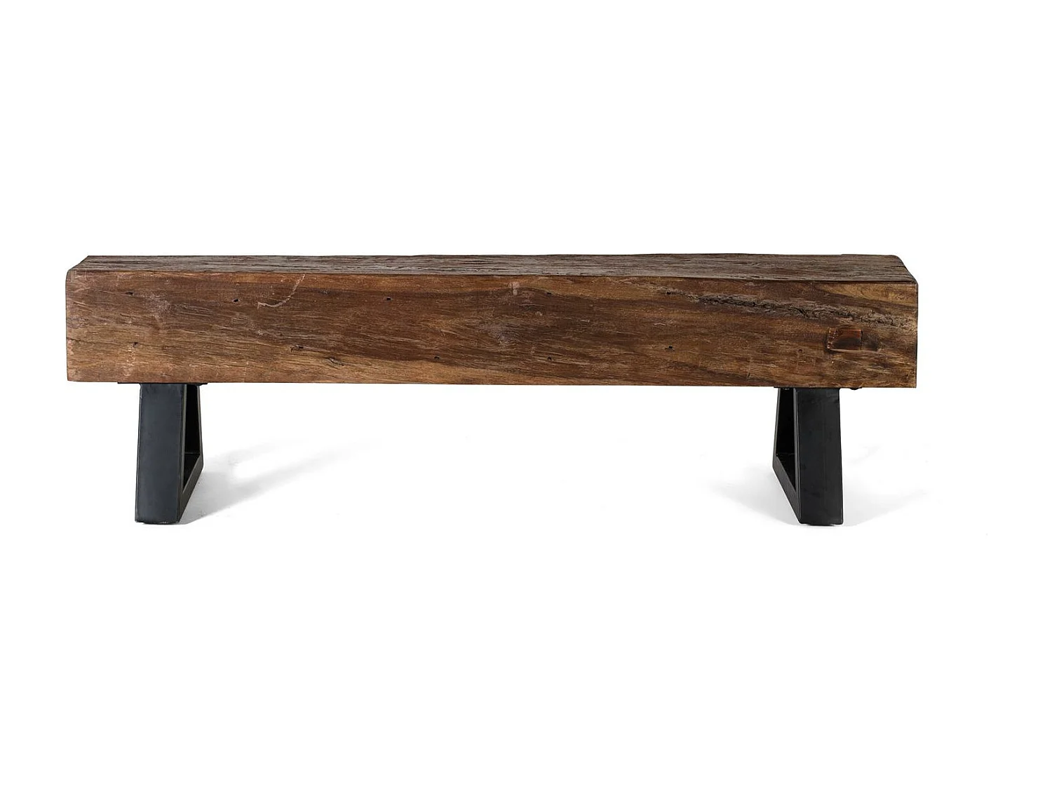 Banco artesanal com madeira recuperada e base em metal 45x150x40