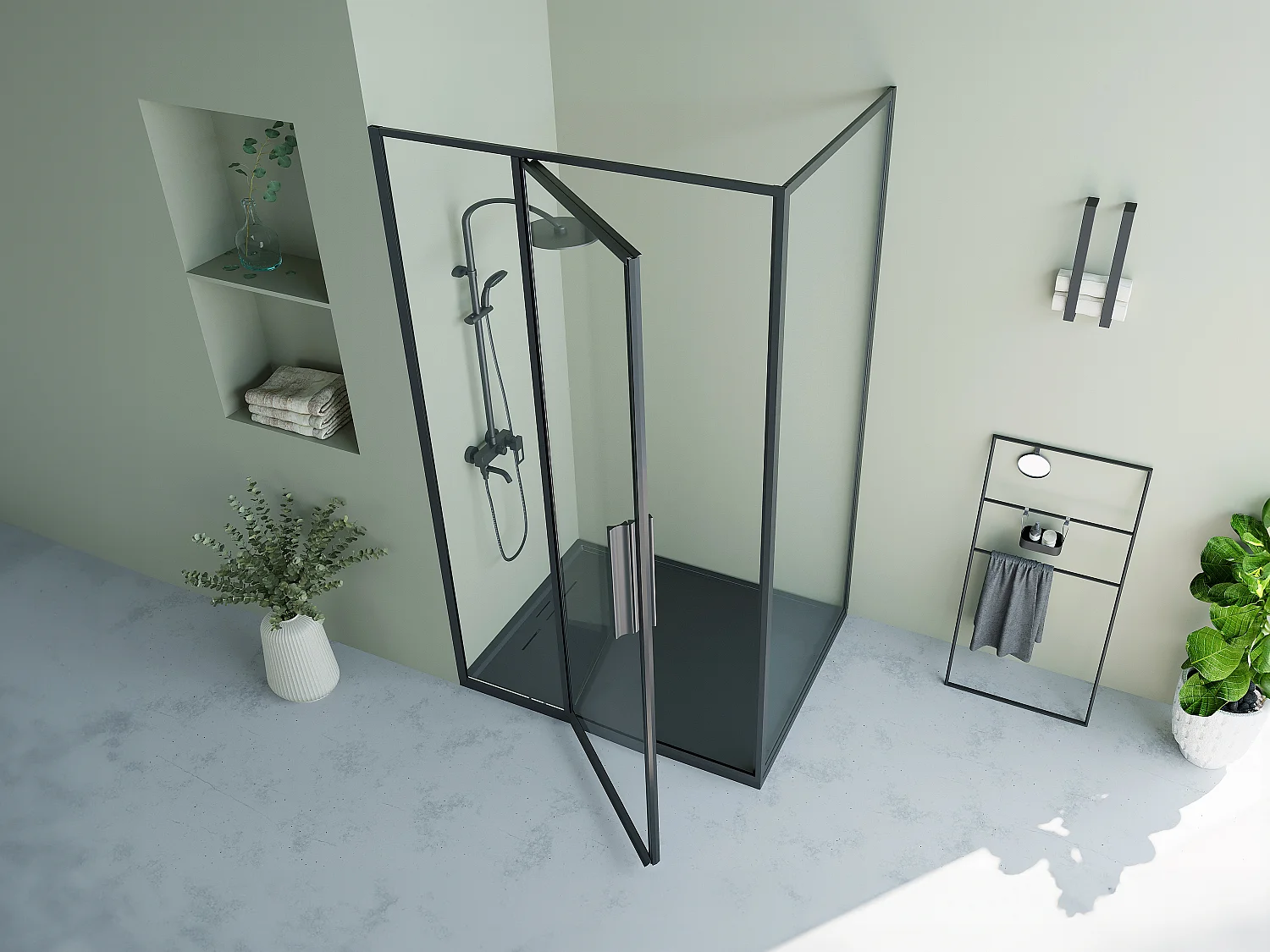 Mampara de ducha con puerta pivotante negro mate estilo industrial - 120 x 80 x 195 cm - TORONI