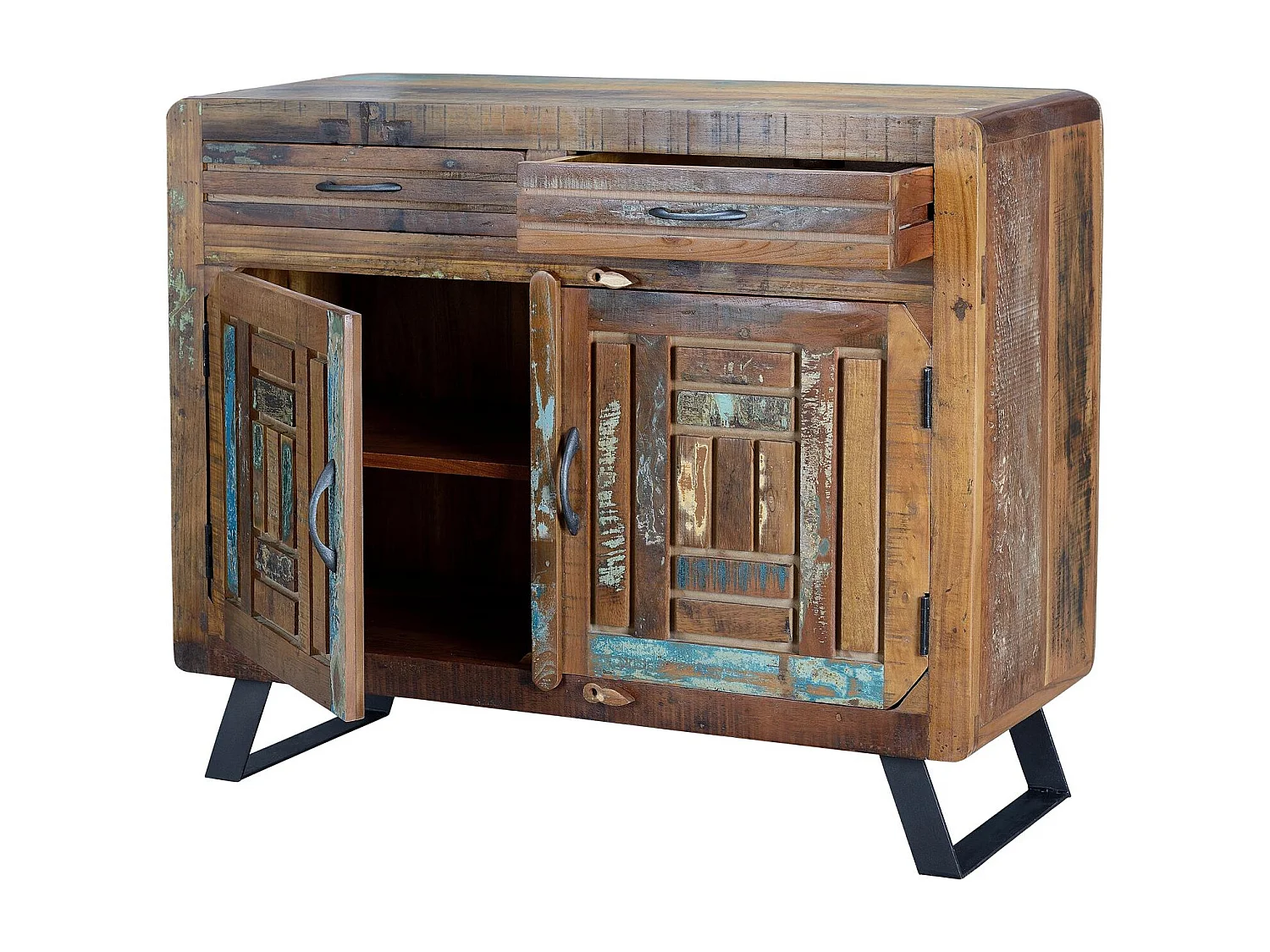 Commode exclusive en bois recyclé multicolore