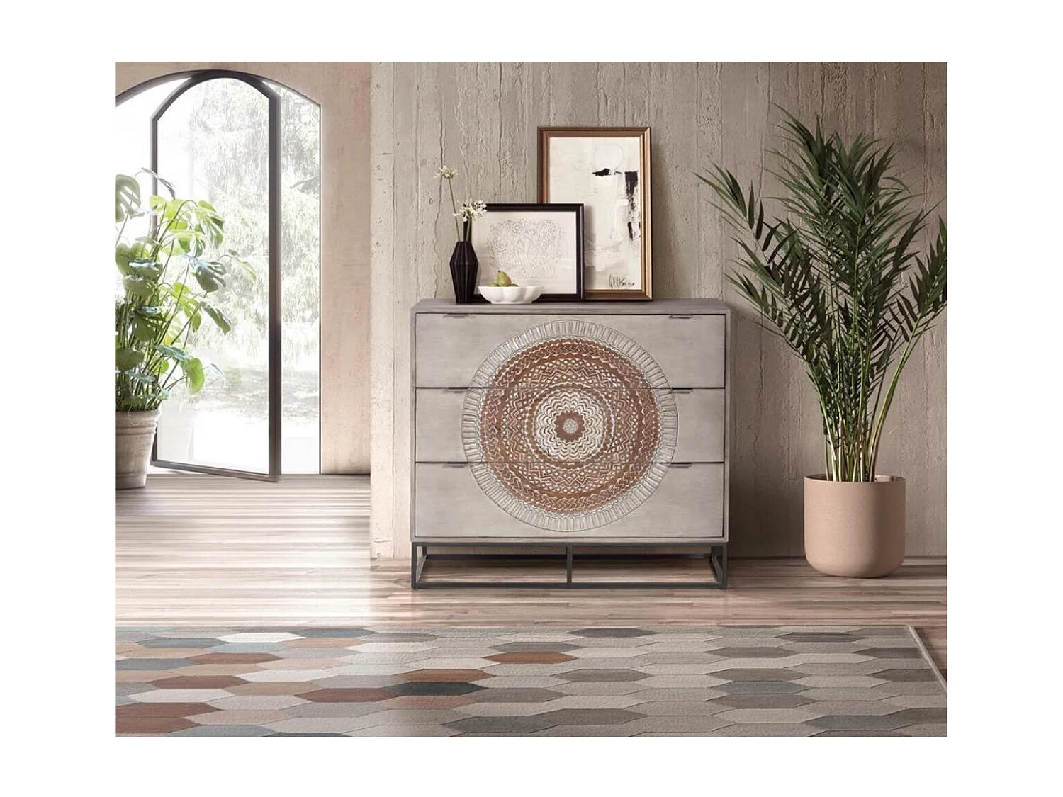 Commode en manguier et pieds en métal gris et marron