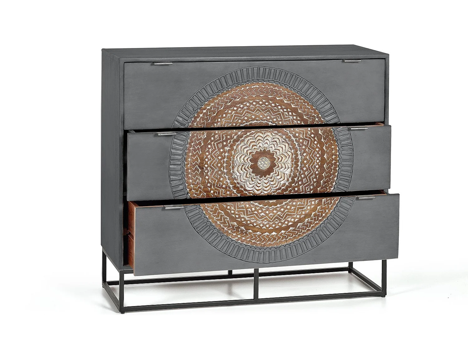 Commode en bois de manguier 100 cm, style industriel ethnique contemporain - 90 x 100 x 40 cm