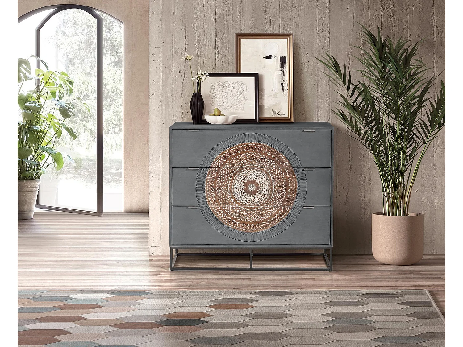 Commode en bois de manguier 100 cm, style industriel ethnique contemporain - 90 x 100 x 40 cm