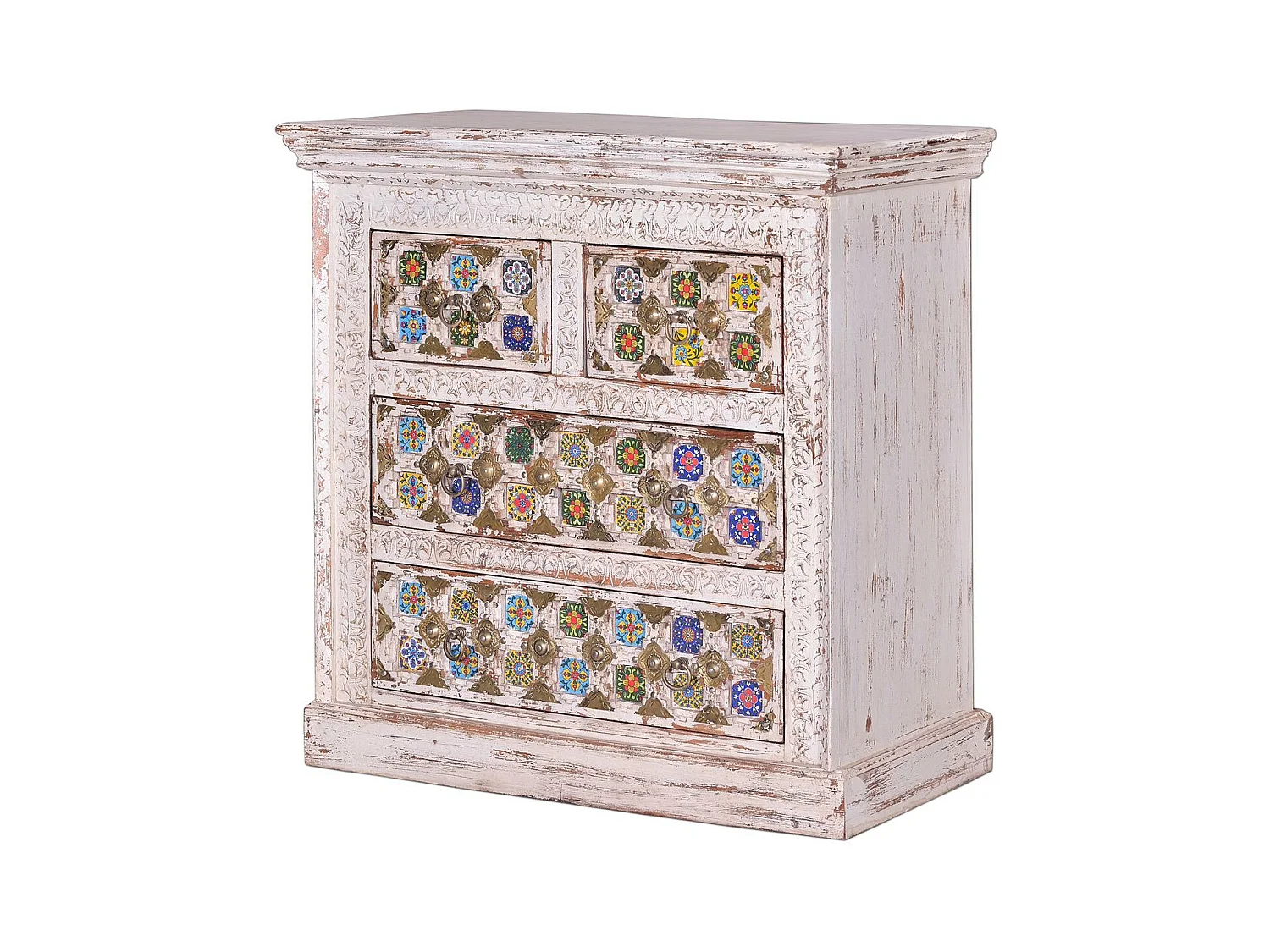 Kommode aus Mangoholz mit Keramikdetails