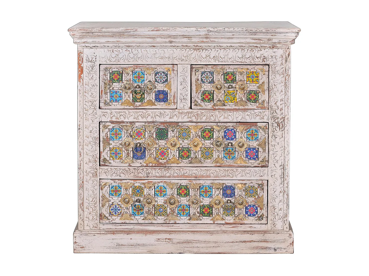 Commode en bois de manguier avec détails en céramique