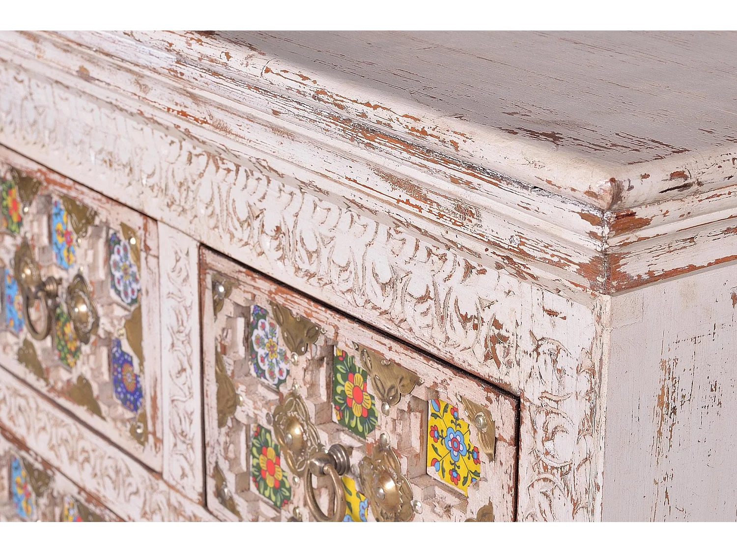 Commode en bois de manguier avec détails en céramique