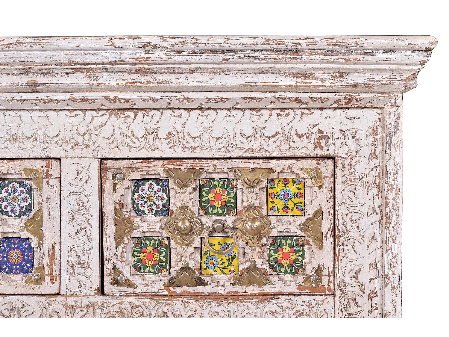 Commode en bois de manguier avec détails en céramique