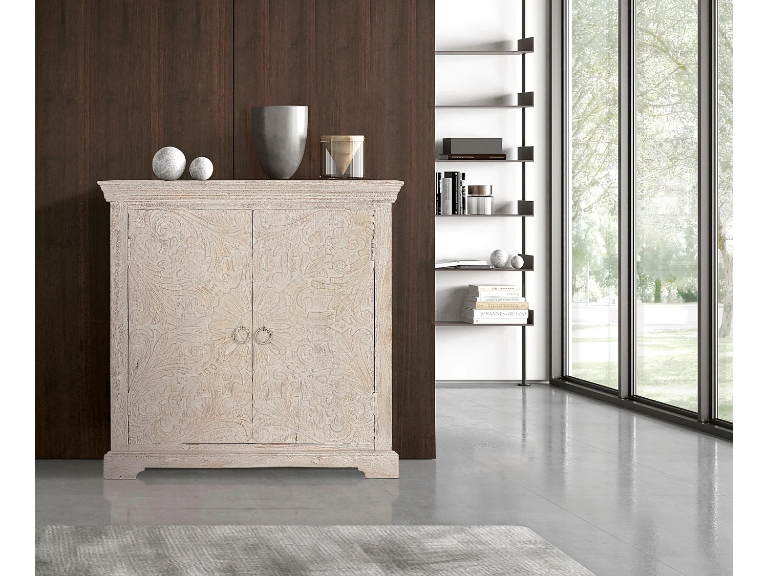 Commode en bois de manguier 90 cm, style provençal rustique avec une touche ethnique - 90 x 90 x 40