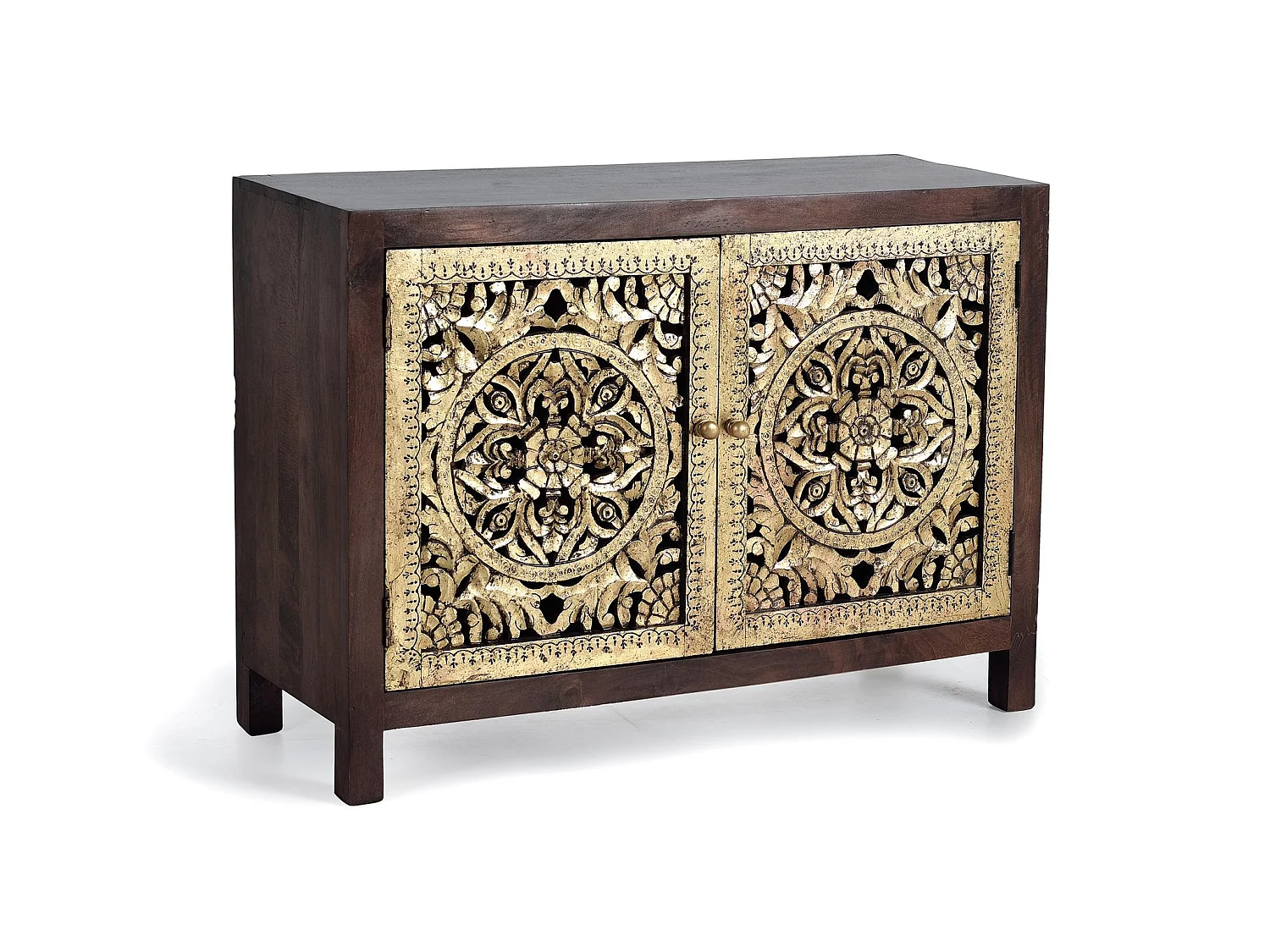 Commode en bois de manguier 110 cm, style bohème sculpté - 80 x 110 x 40 cm
