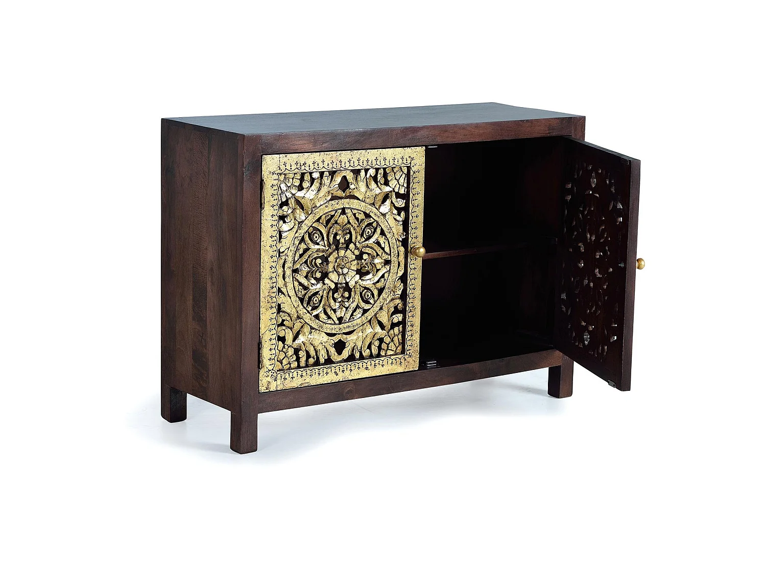 Commode en bois de manguier 110 cm, style bohème sculpté - 80 x 110 x 40 cm