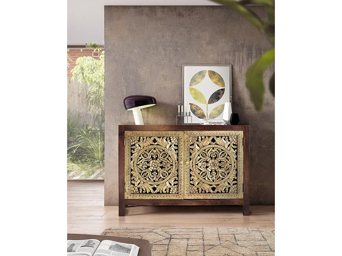Commode en bois de manguier 110 cm, style bohème sculpté - 80 x 110 x 40 cm