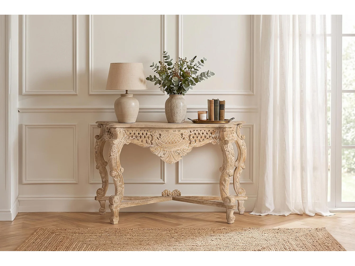 Console en bois de manguier 120 cm, style rustique classique - 76 x 120 x 42