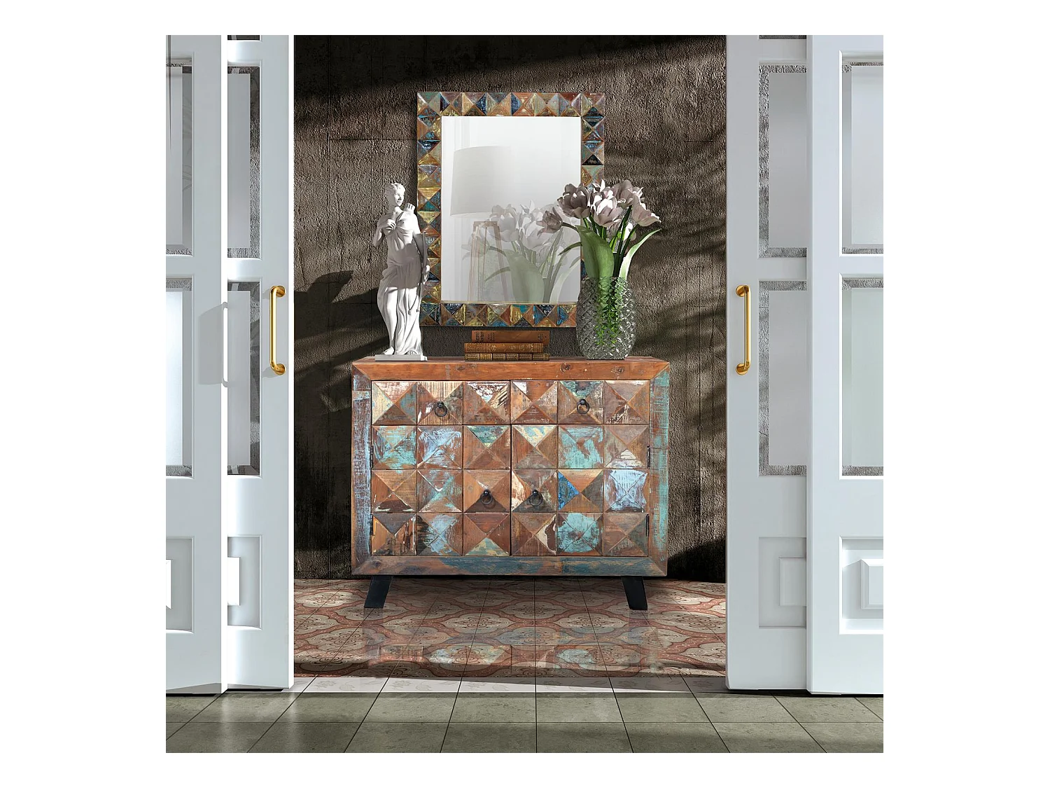 Commode exclusive en bois recyclé multicolore