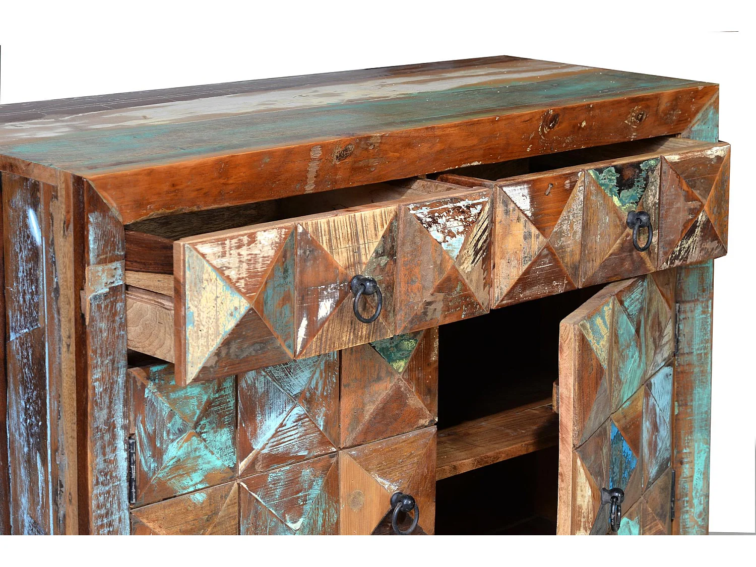 Commode exclusive en bois recyclé multicolore