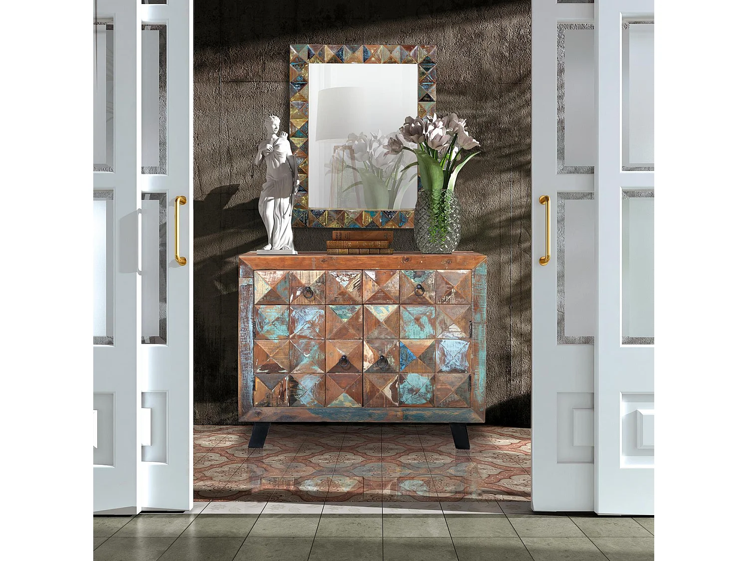 Commode exclusive en bois recyclé multicolore