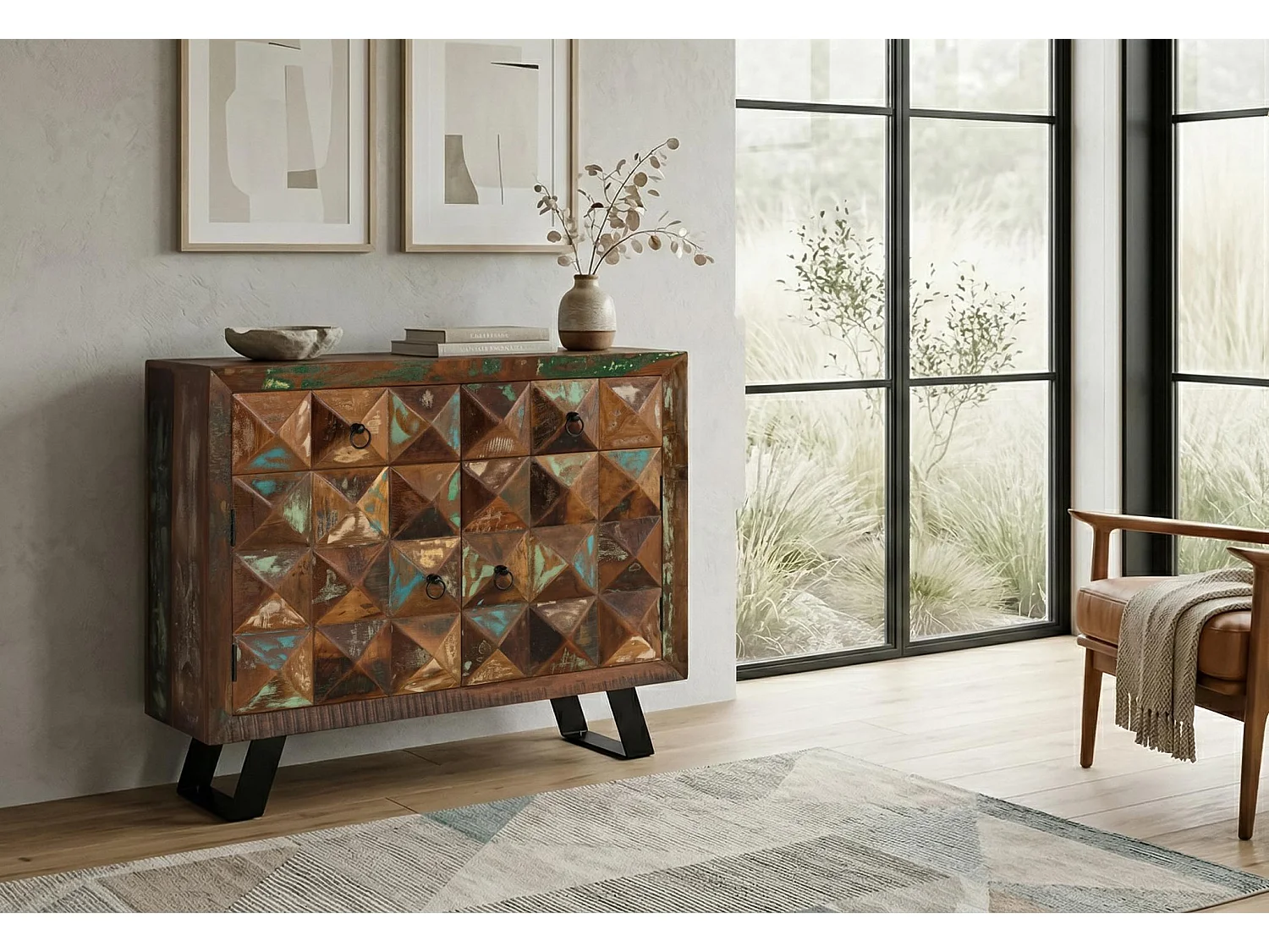 Commode en bois de manguier 100 cm, style industriel moderne - 87 x 100 x 40 cm