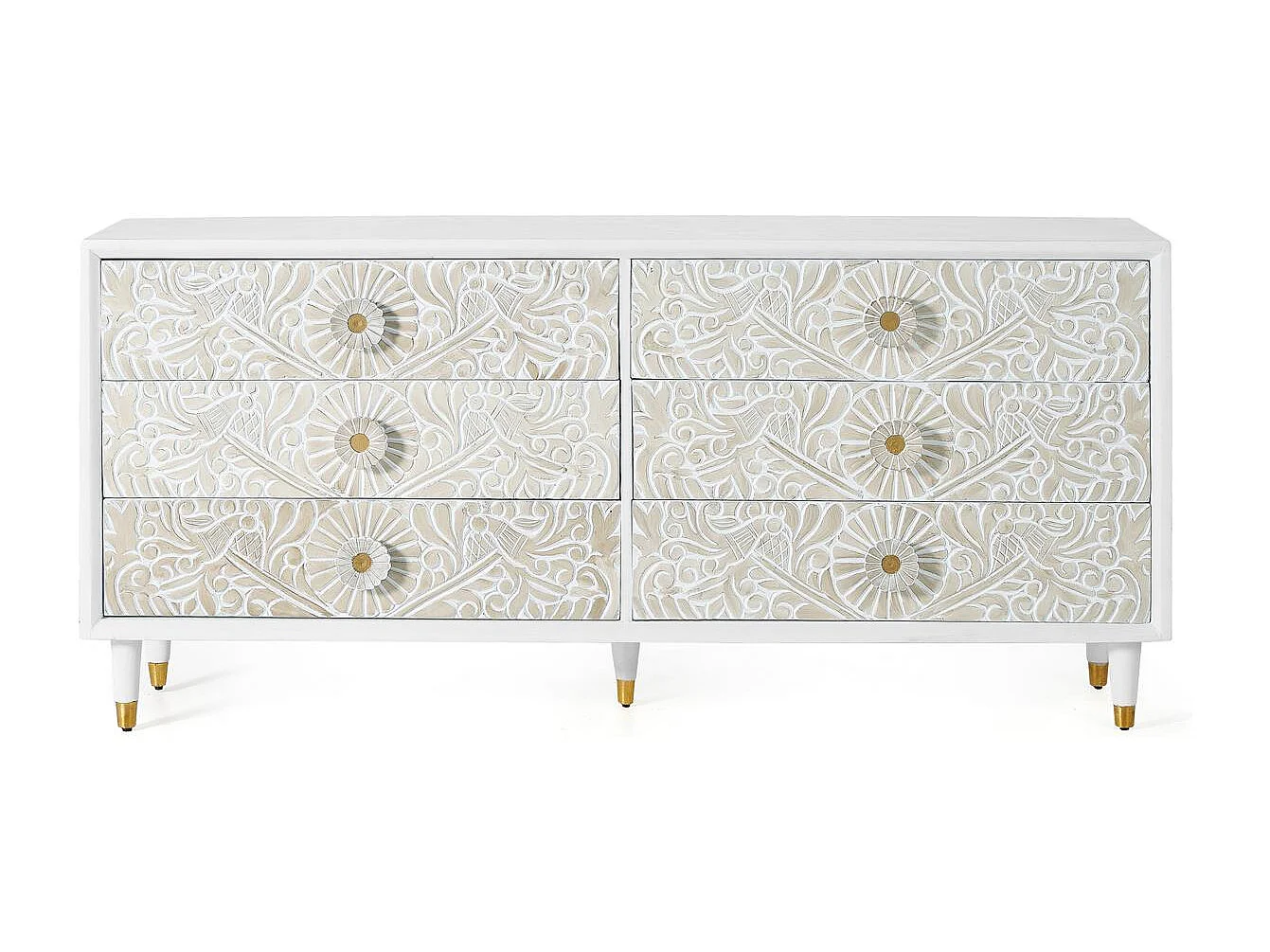 Commode en bois de manguier blanc avec détails dorés