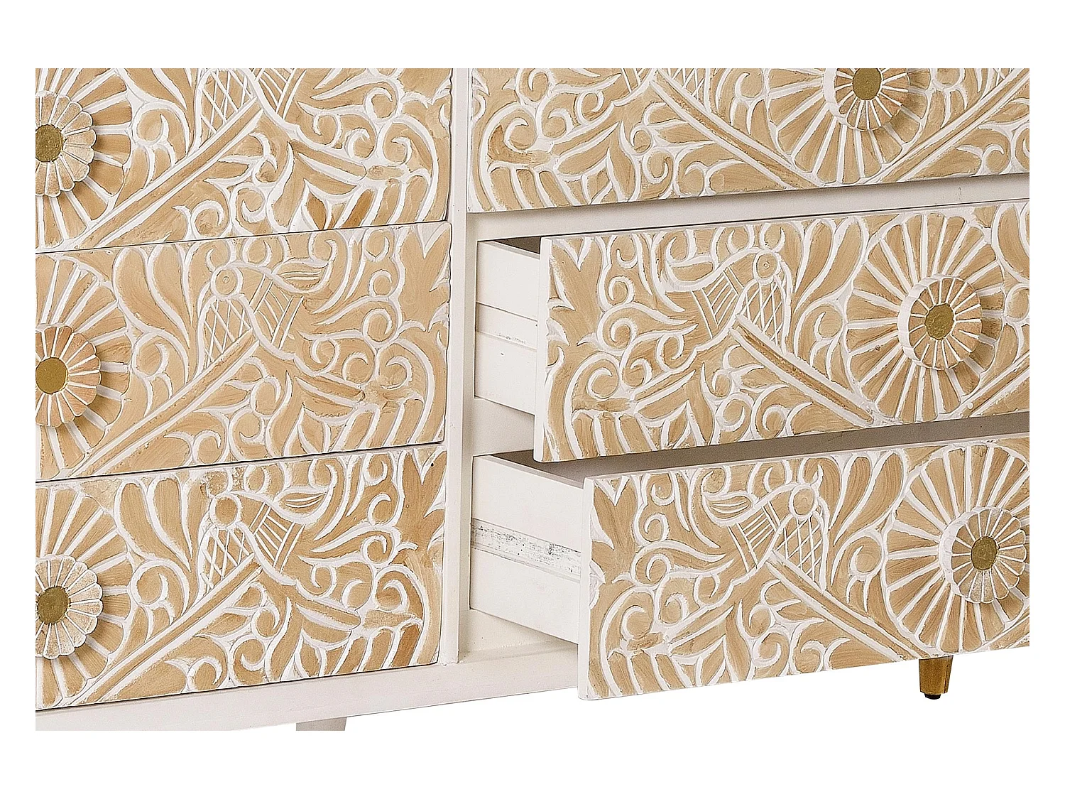Commode en bois de manguier blanc avec détails dorés