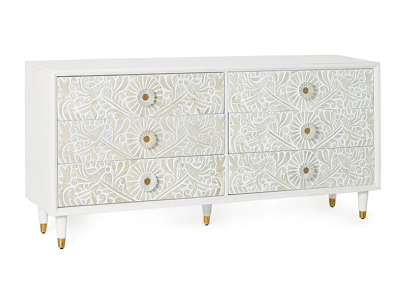 Commode en bois de manguier blanc avec détails dorés