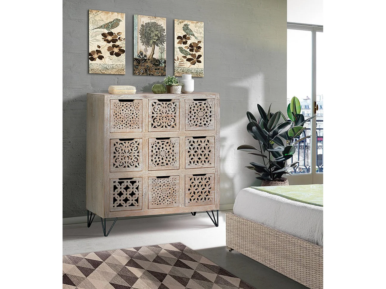 Dressoir van mangohout 112 cm, etnische boho-stijl, gesneden - 102x88x38