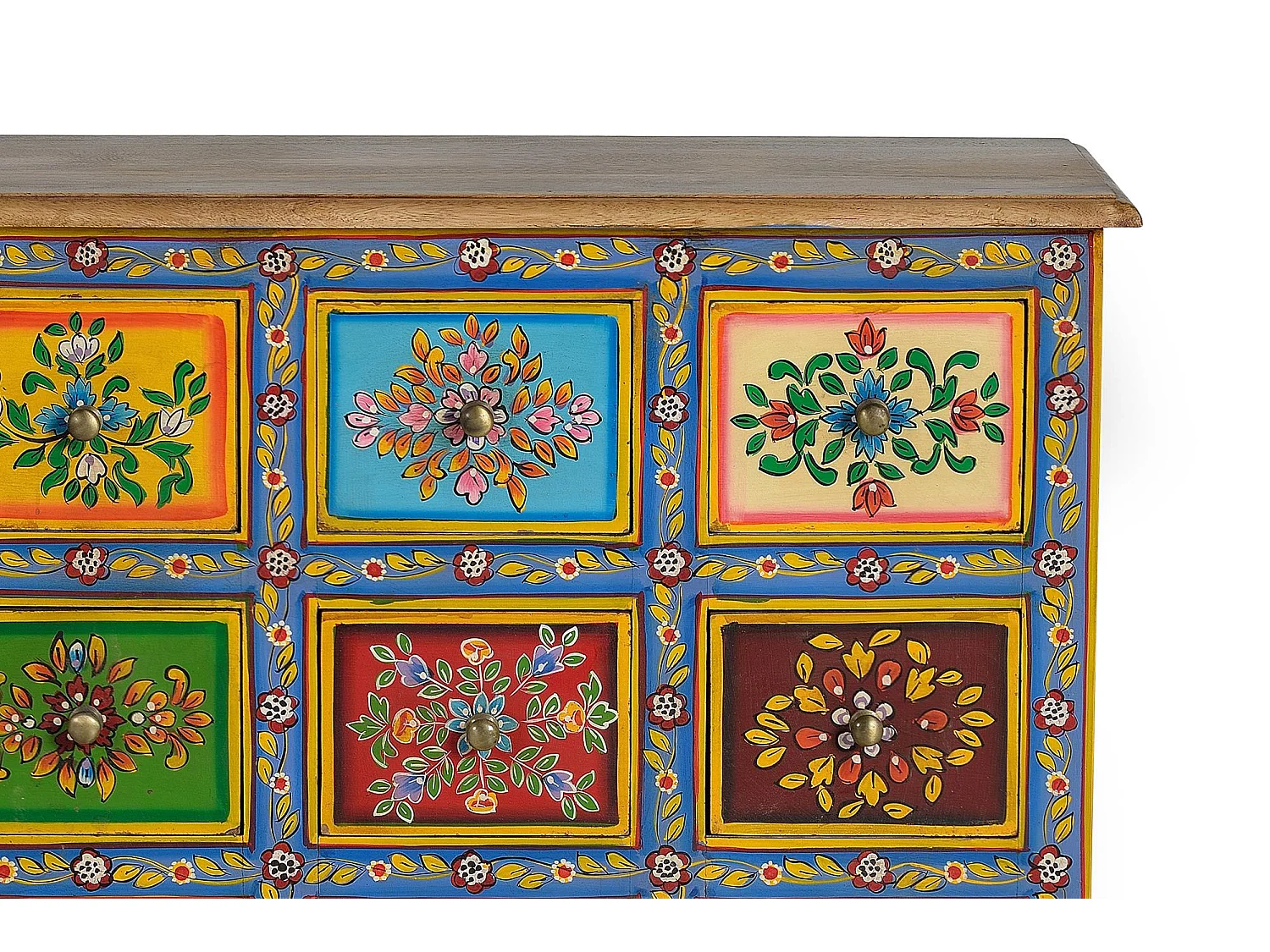 Commode en bois de manguier avec détails multicolores peints à la main