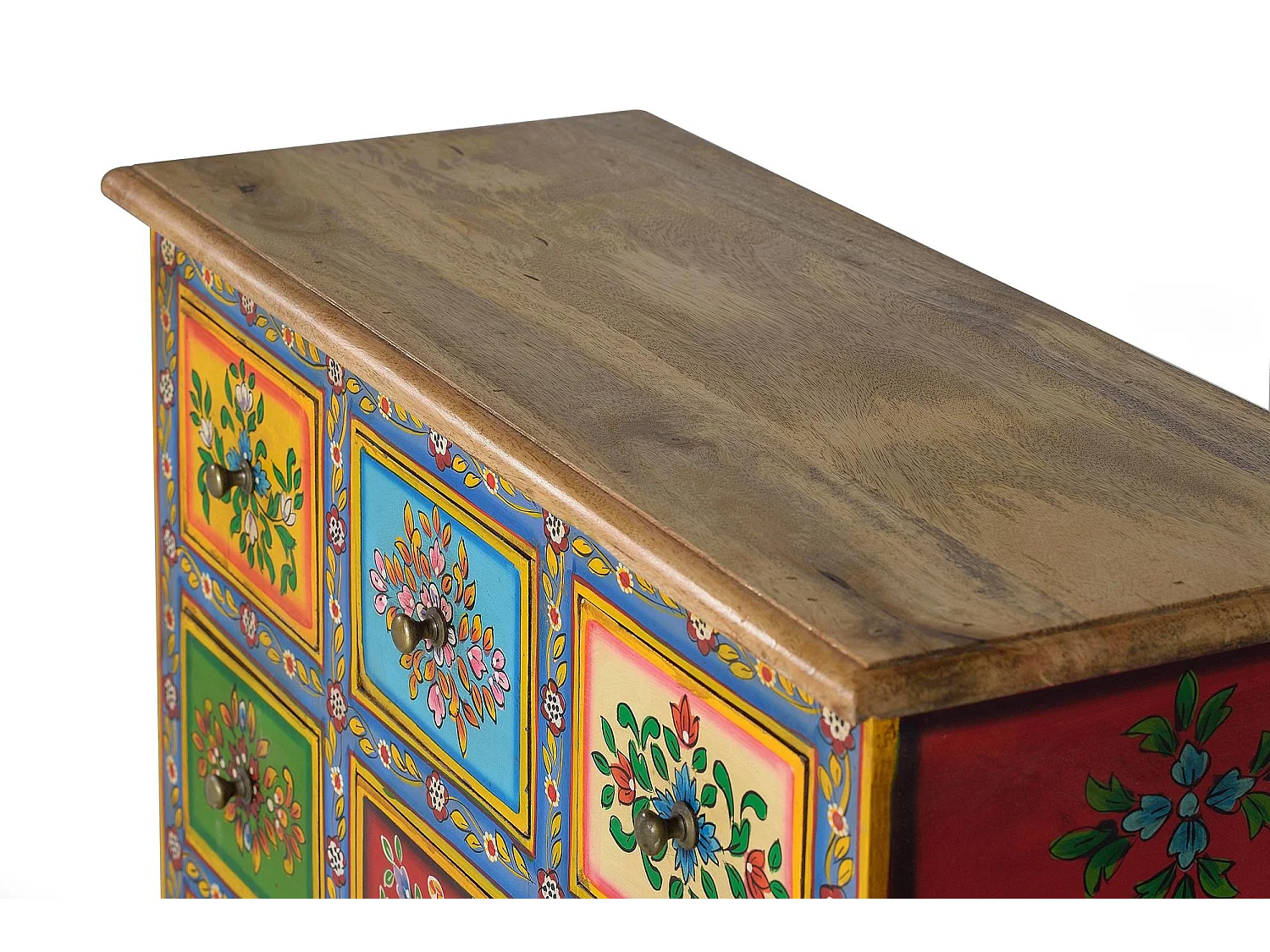 Commode en bois de manguier avec détails multicolores peints à la main