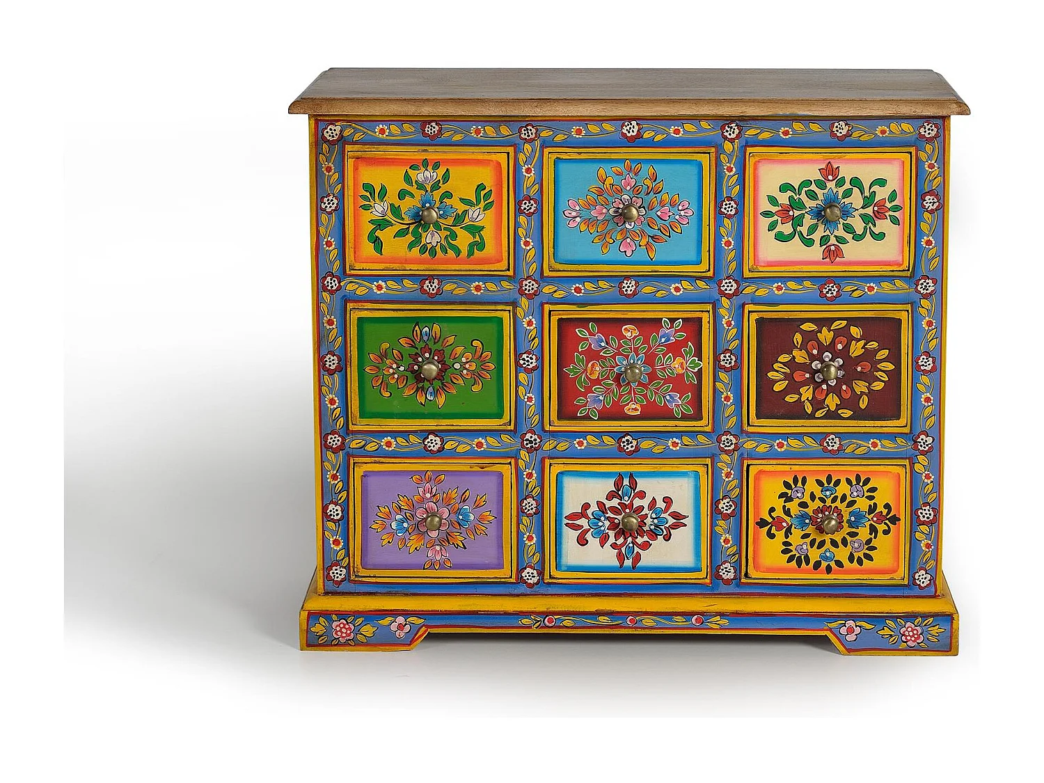 Commode en bois de manguier avec détails multicolores peints à la main